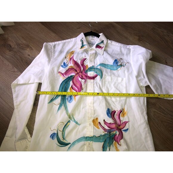 CREATIVE ARTWEAR- WOMENS WHITE FLORAL LONG SLEEVE BUTTOM FRONT SHIRT SIZE MEDIUM - Picture 5 of 6